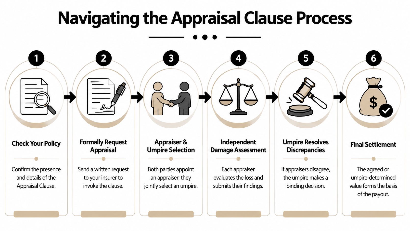 A flowchart infographic outlining the six-step insurance appraisal clause process for resolving valuation disputes.