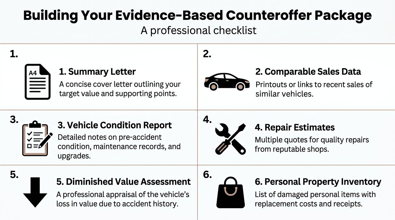 A professional checklist for building an evidence-based counteroffer package for vehicle insurance loss settlement negotiations.