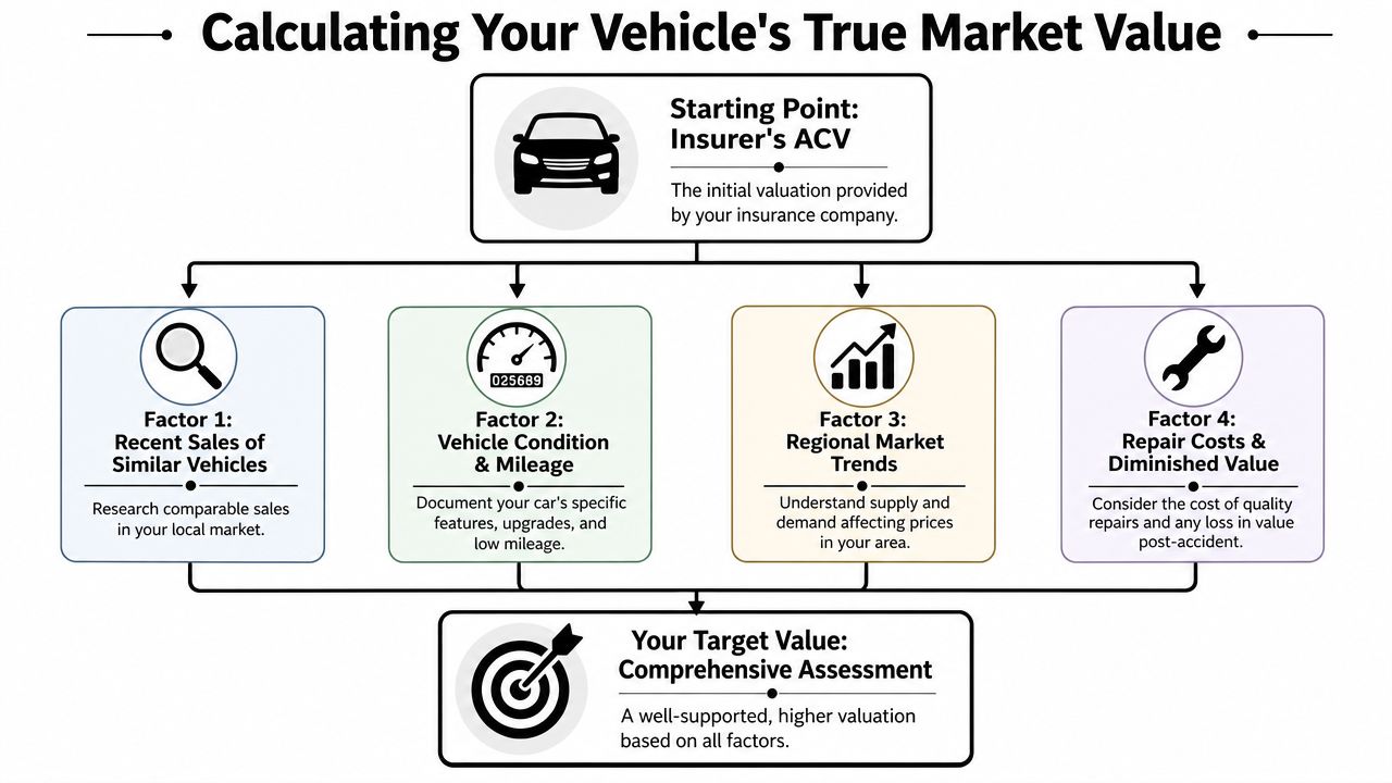 A flow chart titled Calculating Your Vehicle's True Market Value, showing steps from insurer's ACV to target value.