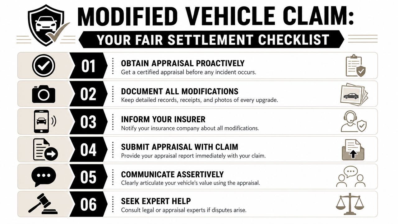 A six-step checklist titled Modified Vehicle Claim explaining how to secure a fair insurance settlement for upgraded vehicles.