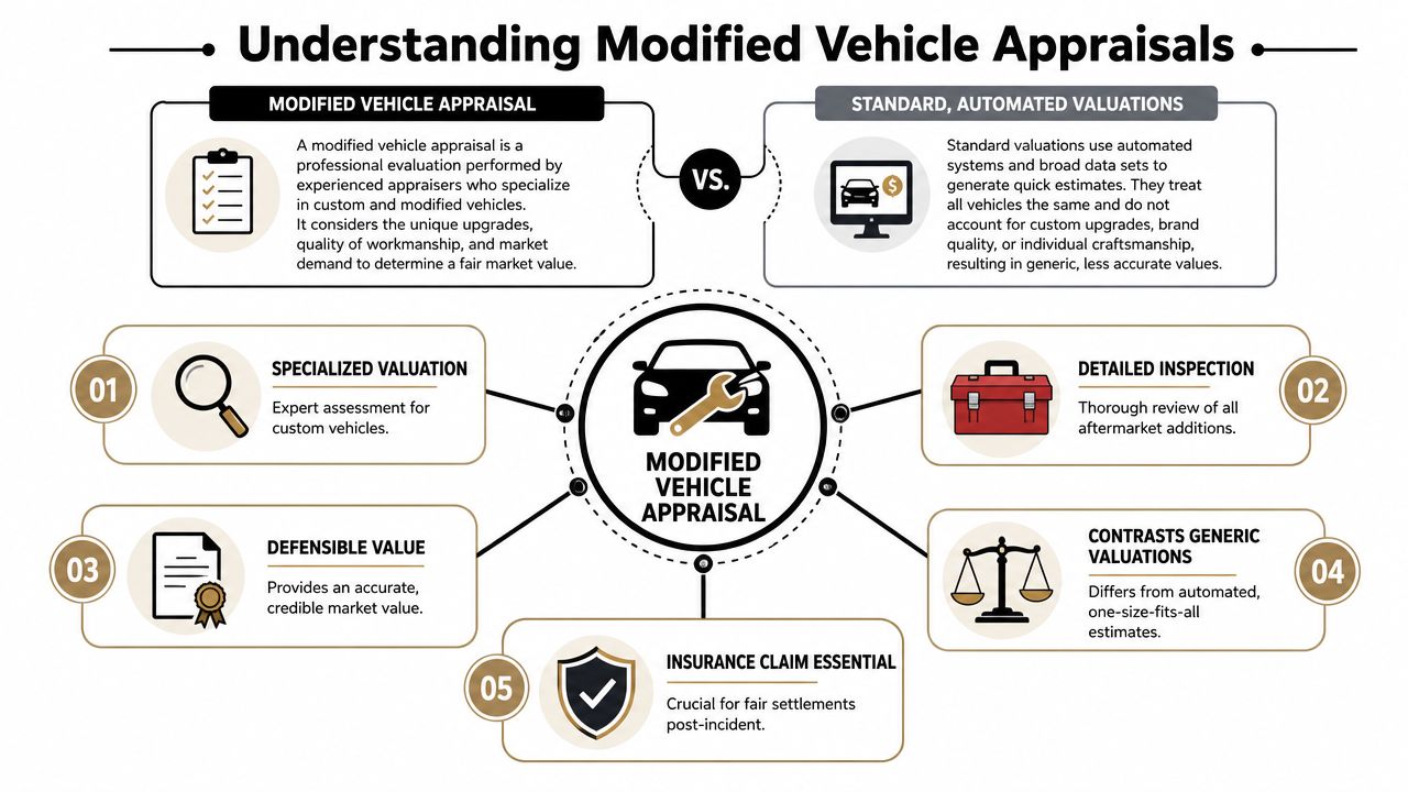An infographic comparing professional modified vehicle appraisals with standard, automated, and generic vehicle valuation methods.
