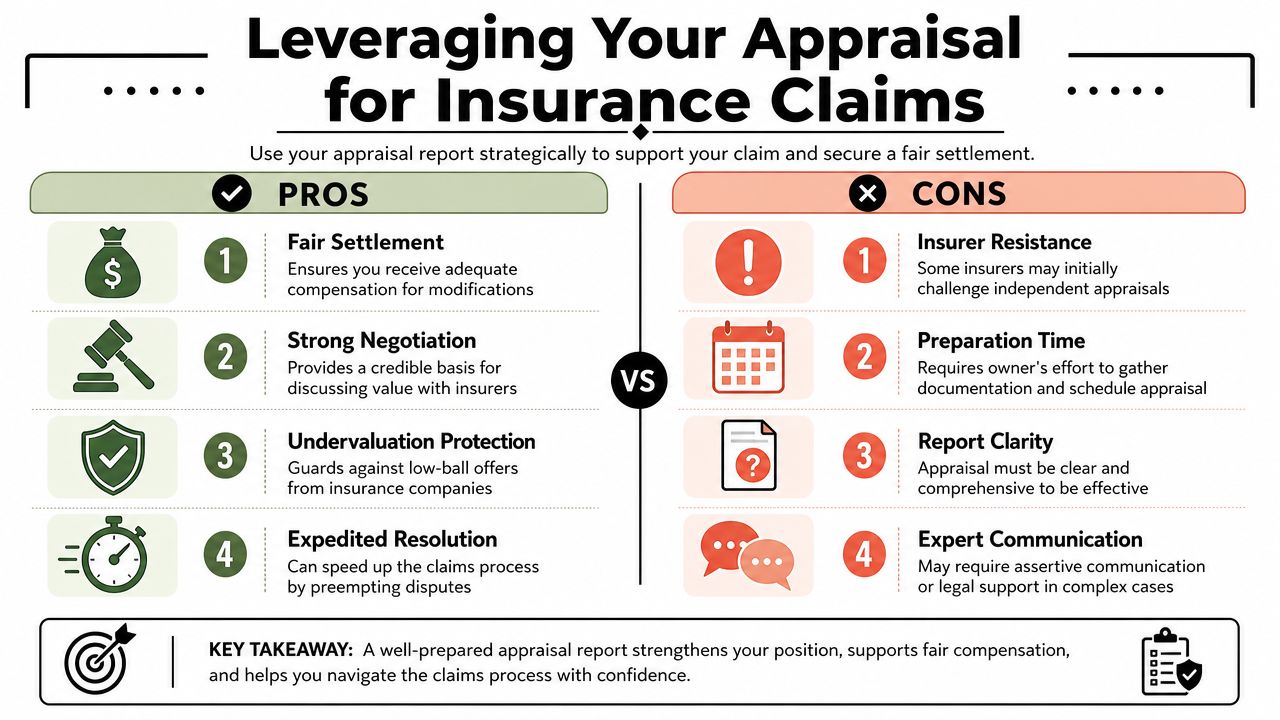 An infographic titled Leveraging Your Appraisal for Insurance Claims, detailing the pros and cons of insurance appraisals.