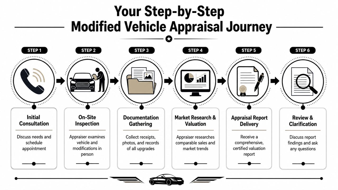 A flowchart showing the six-step process for a professional modified vehicle appraisal and valuation journey.
