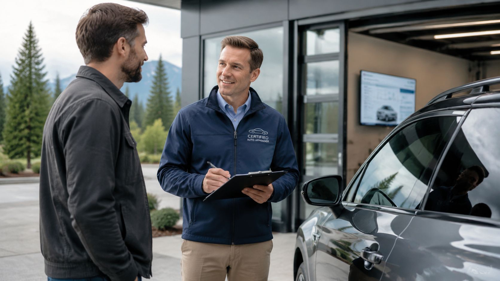 A professional auto appraiser talks to a customer while holding a clipboard next to a car.