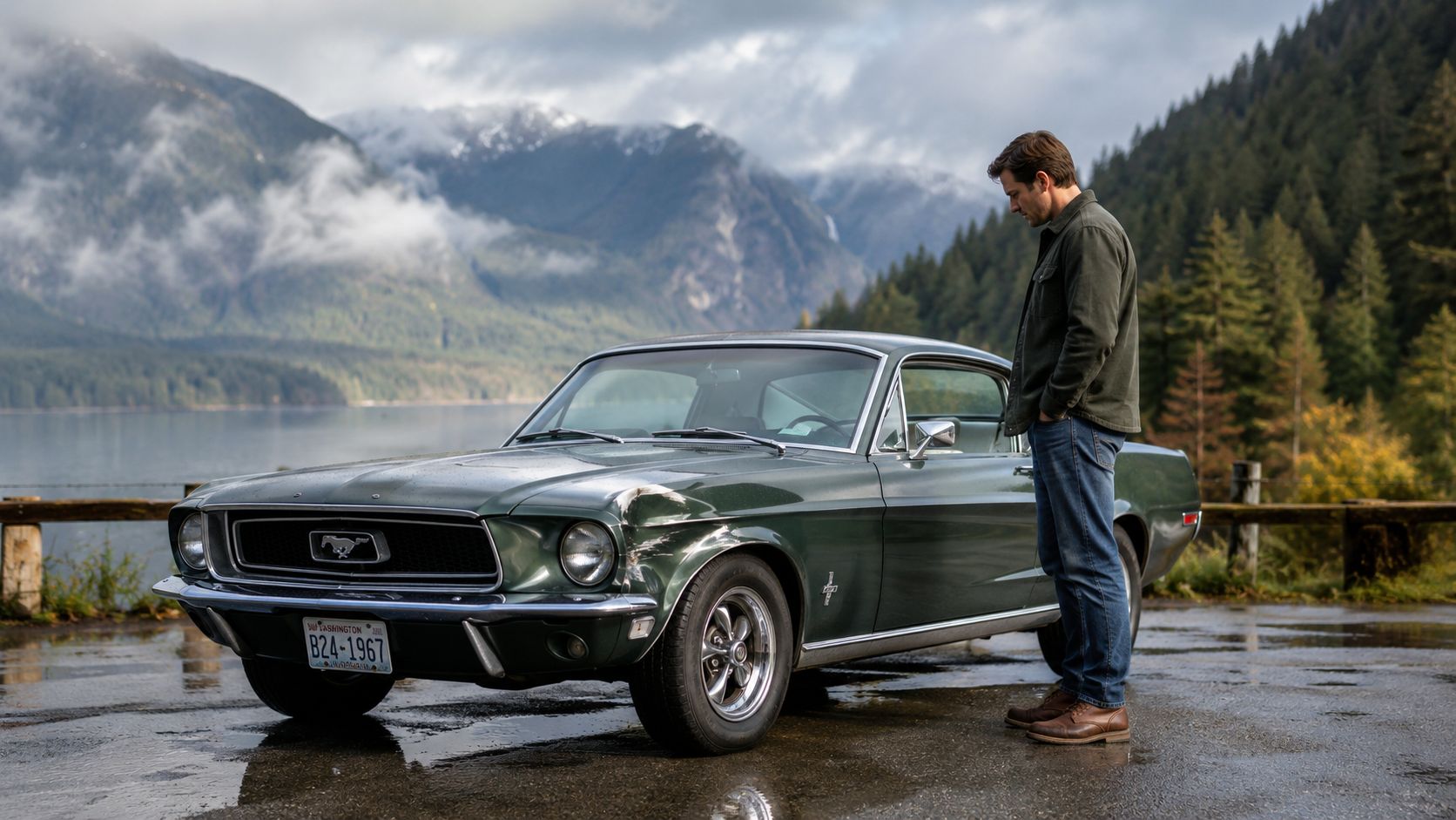 A man stands beside a vintage green Ford Mustang parked near a mountain lake in the Pacific Northwest.