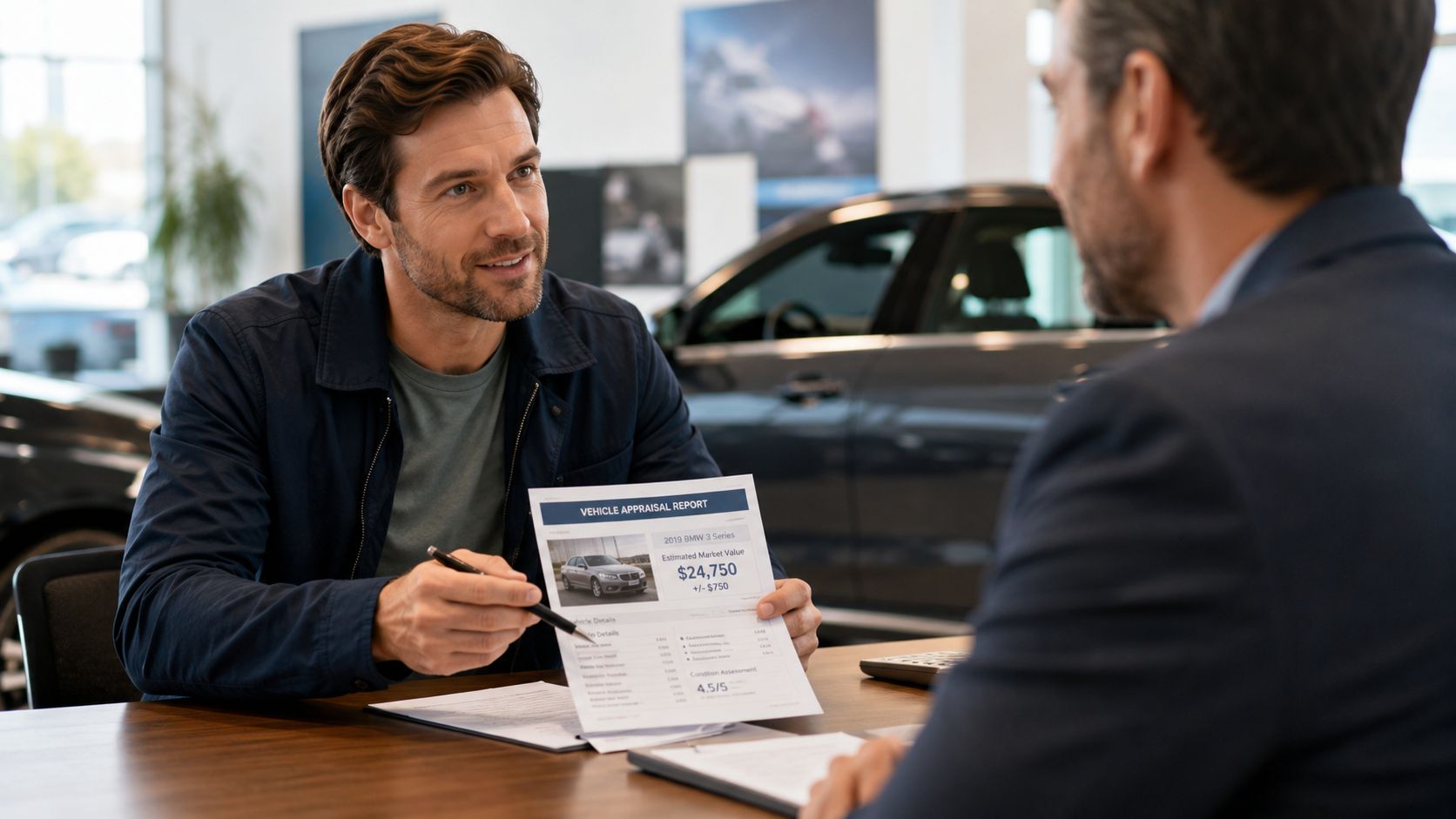 A car salesman discusses a vehicle appraisal report with a customer at a dealership office.