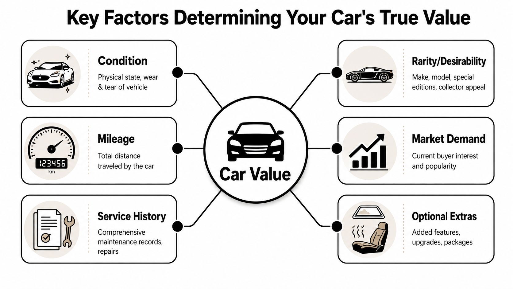 A diagram illustrating the six key factors that determine the true market value of a car.