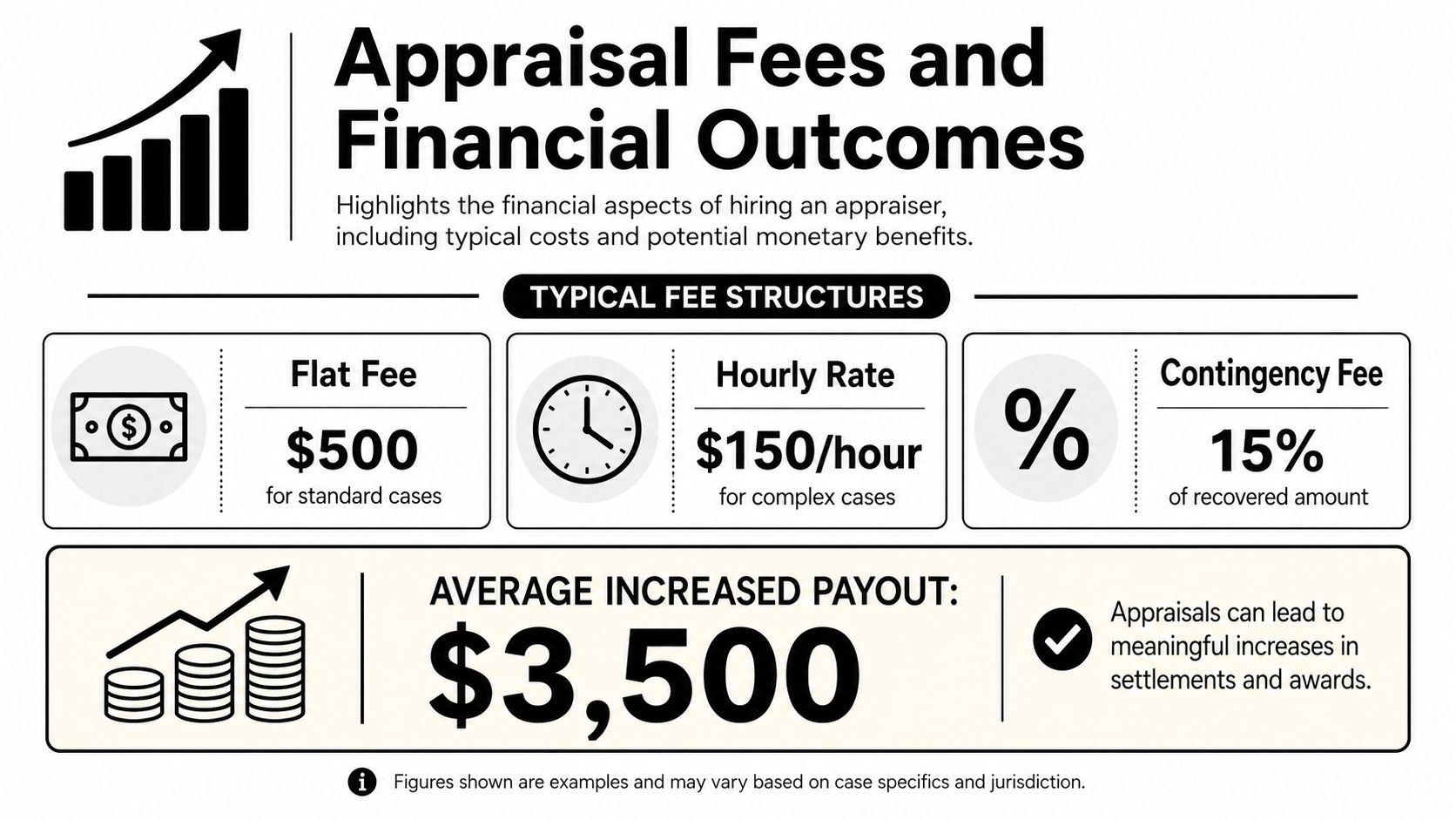 An infographic showing appraisal fee structures, including flat fees, hourly rates, and average financial settlement benefits.