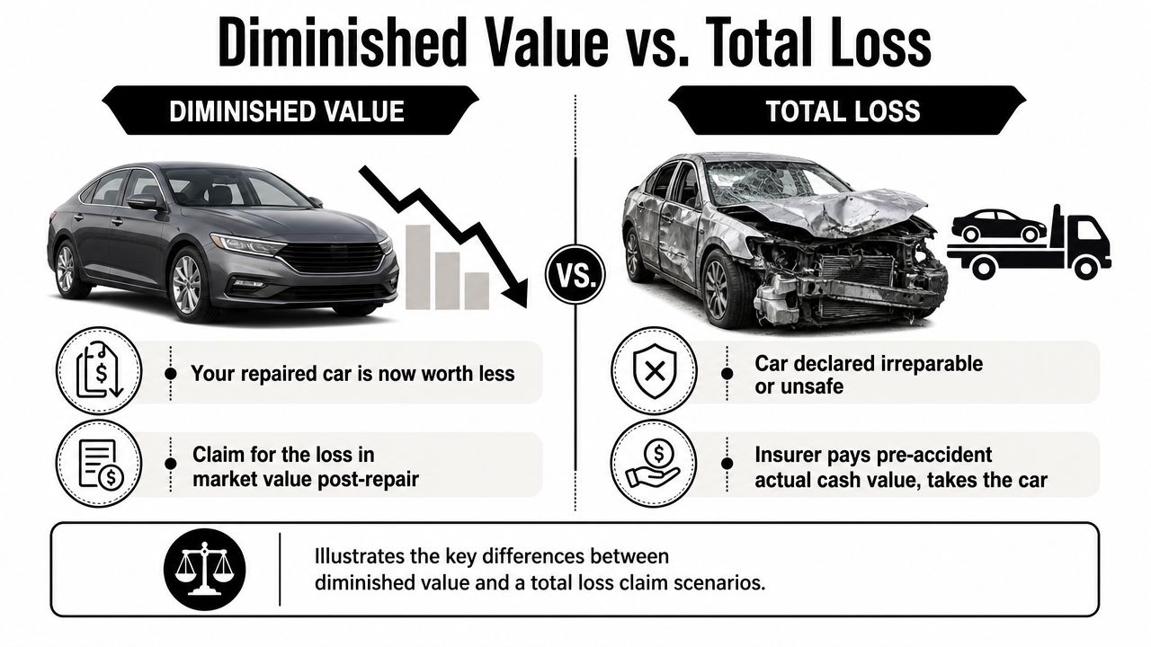 A graphic infographic explaining the key differences between diminished value and total loss car insurance claims.