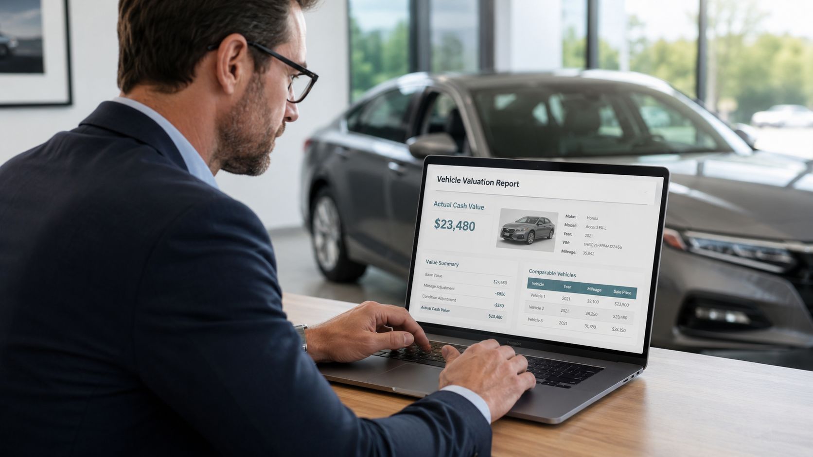 A professional man in a business suit reviewing a vehicle valuation report on his laptop at a dealership.