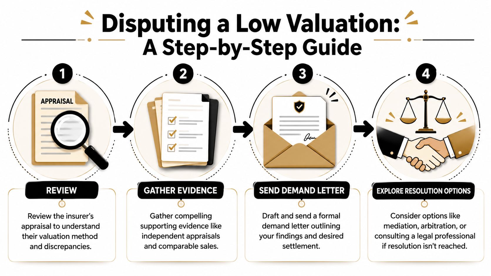 A four-step infographic guide explaining the process for disputing a low insurance property valuation report.