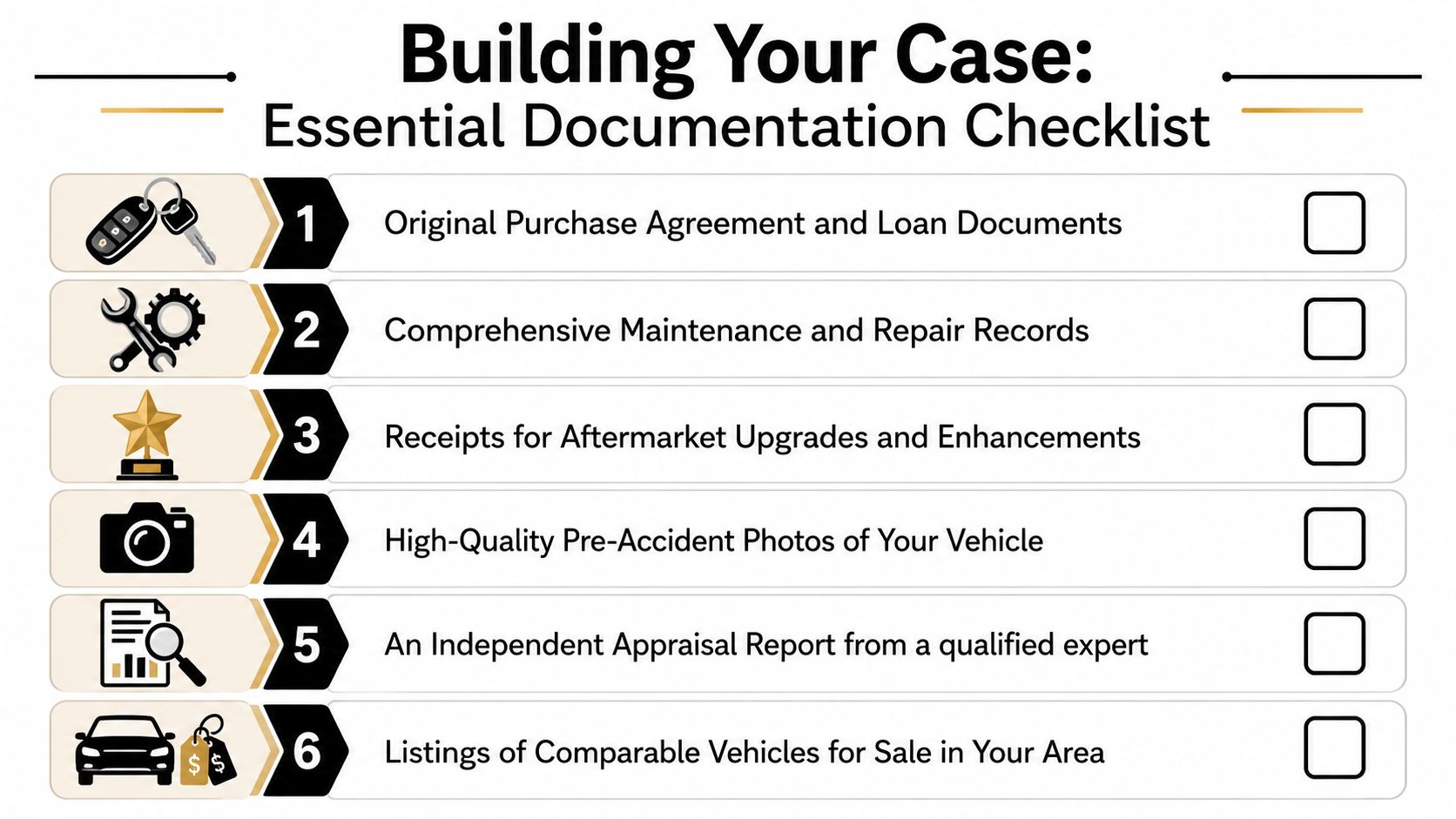 A checklist titled Building Your Case for documenting information needed for a vehicle valuation or insurance claim.