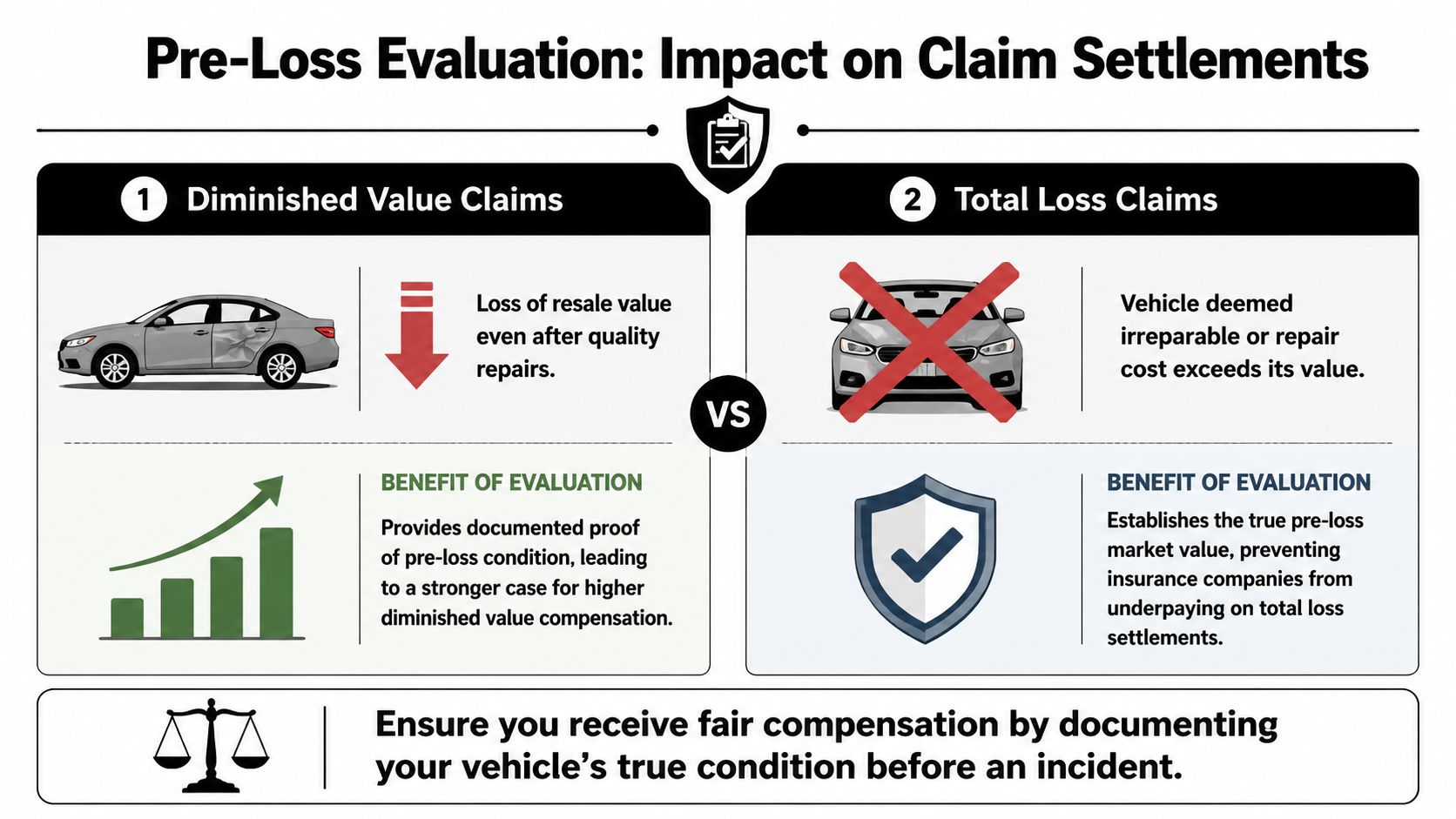 An infographic showing the importance of pre-loss vehicle evaluations for insurance claims and settlements.
