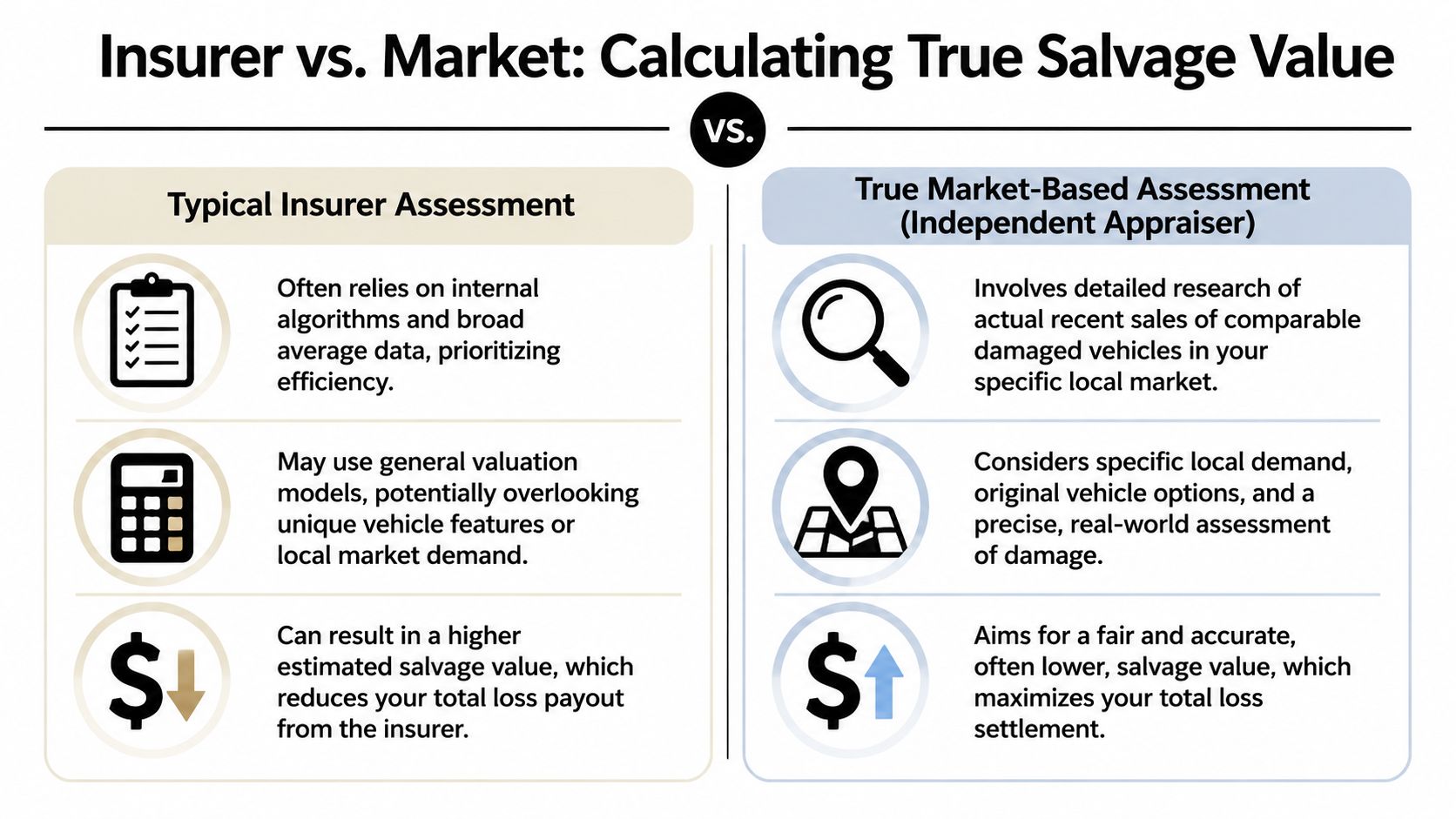 A comparison chart showing differences between typical insurer assessments and independent market-based salvage value appraisals.