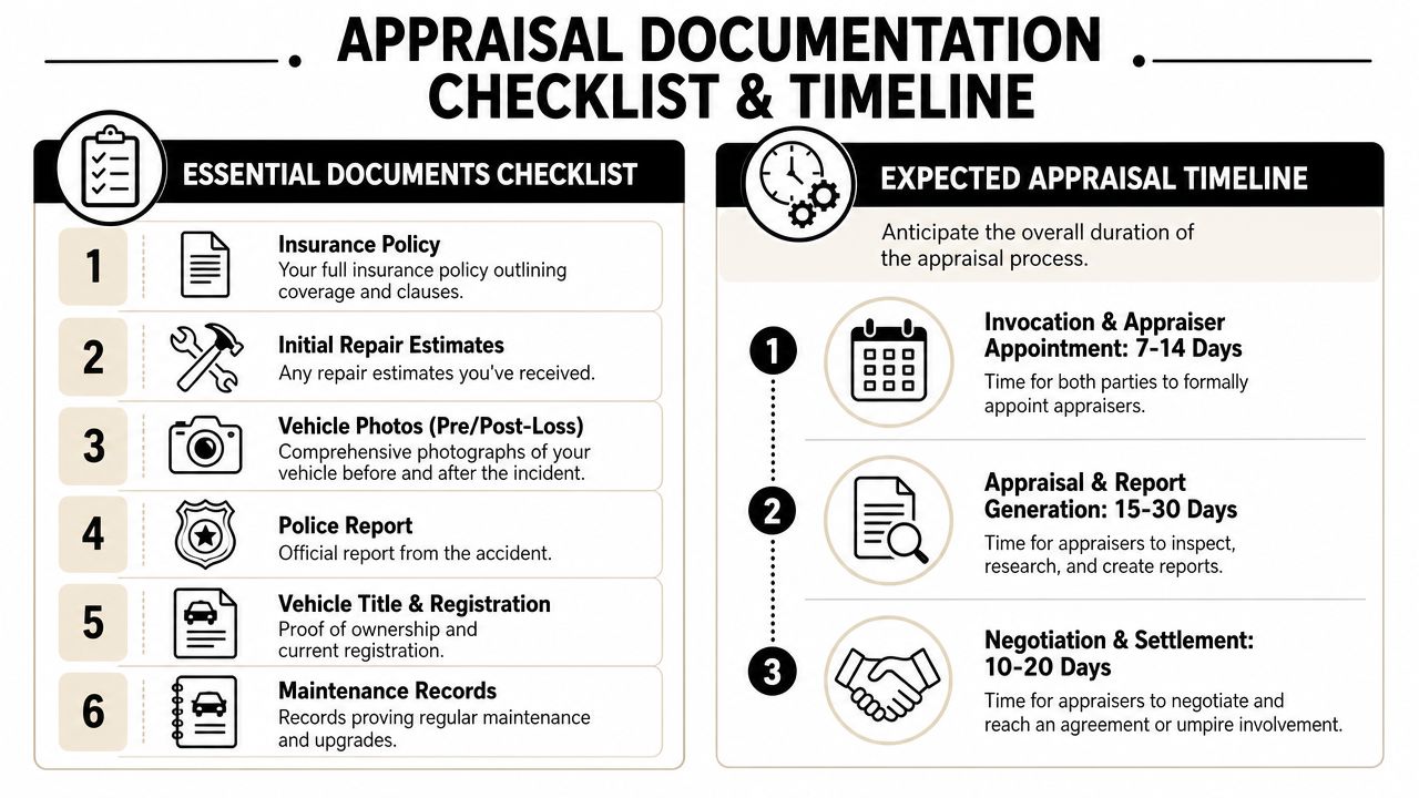 An infographic detailing the essential documents and expected timeline for the insurance vehicle appraisal process.