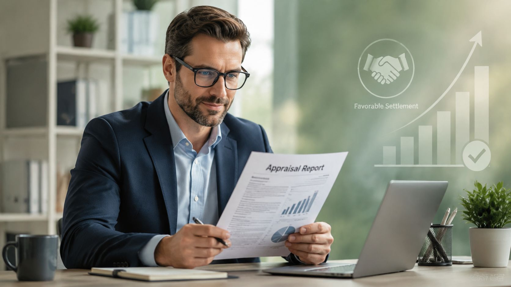 A professional man reviewing an appraisal report at his desk with positive financial growth indicators visible.