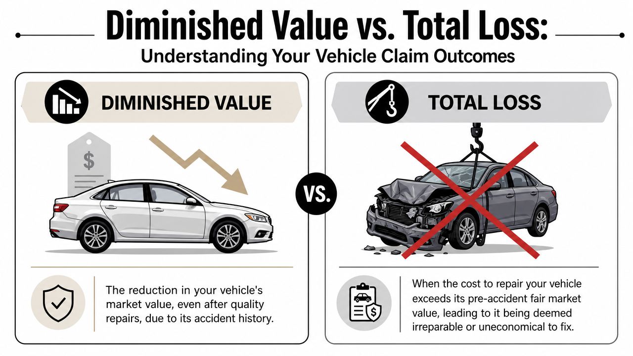 An infographic comparing the concepts of diminished value and total loss for vehicle insurance claims.