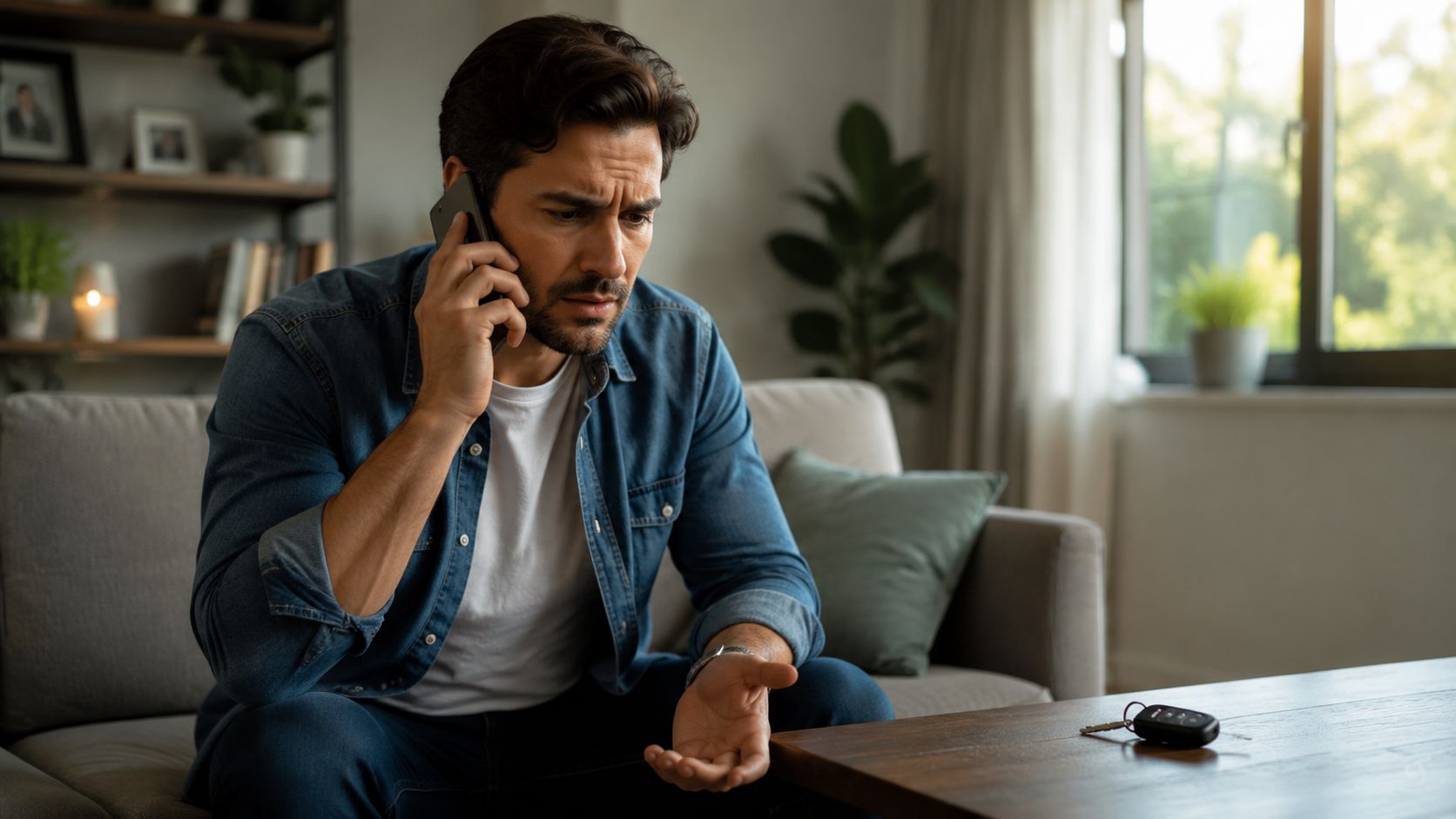 A concerned man in a denim shirt talking on his mobile phone while sitting on a couch.