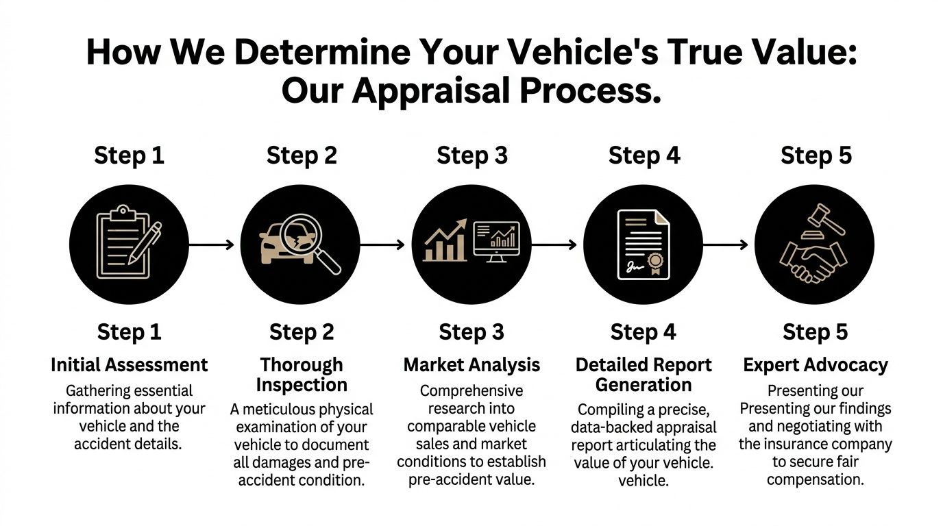 A five-step infographic showing the vehicle appraisal process from initial assessment to expert advocacy for insurance claims.