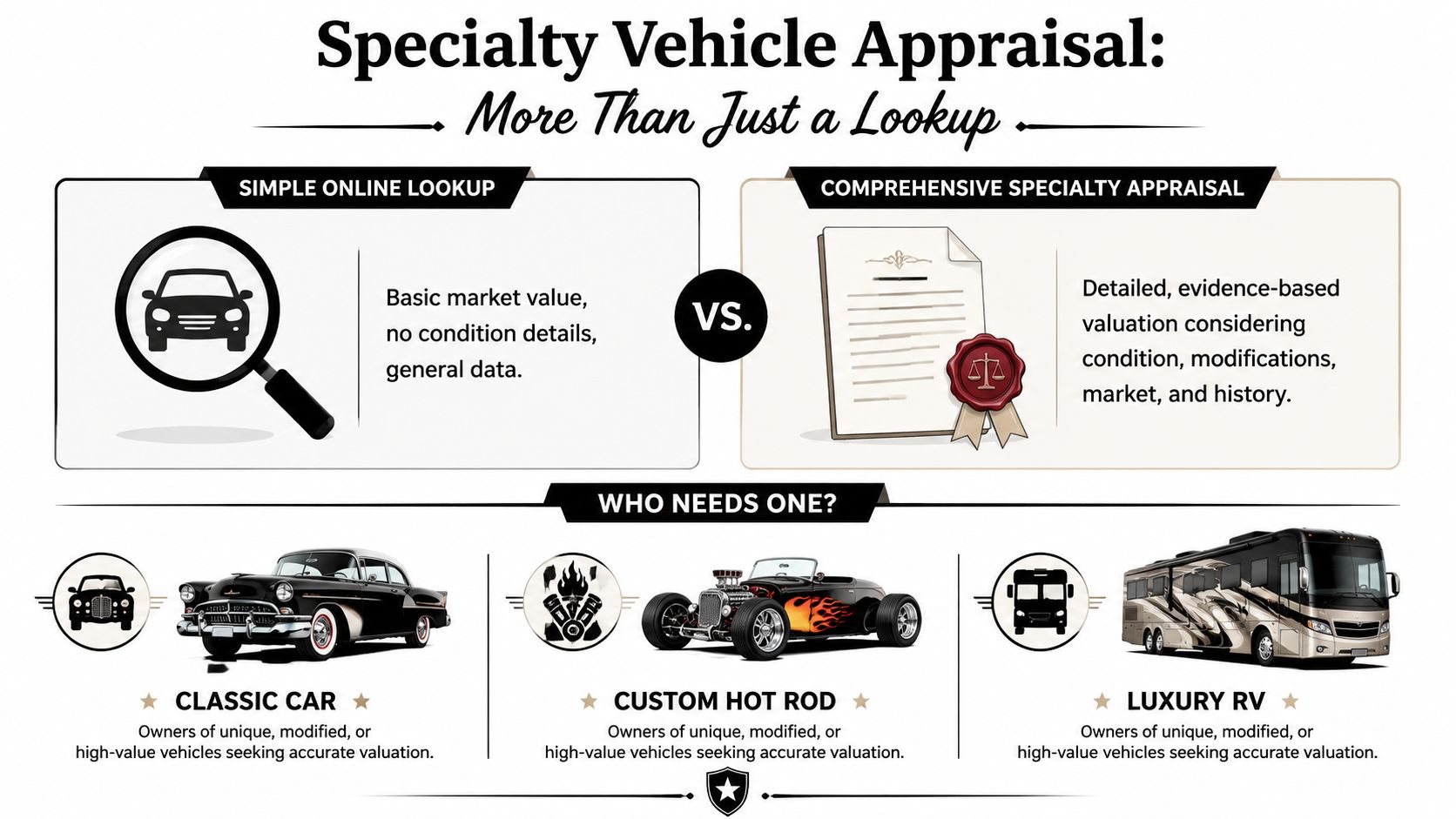 An infographic comparing simple online car valuation lookups with professional, comprehensive specialty vehicle appraisals for unique vehicles.
