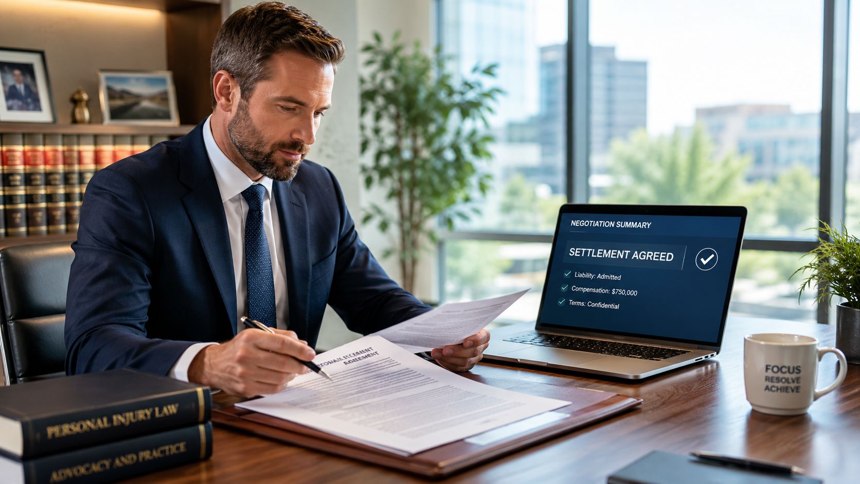 A professional attorney reviewing a legal settlement agreement document at his office desk with a laptop.