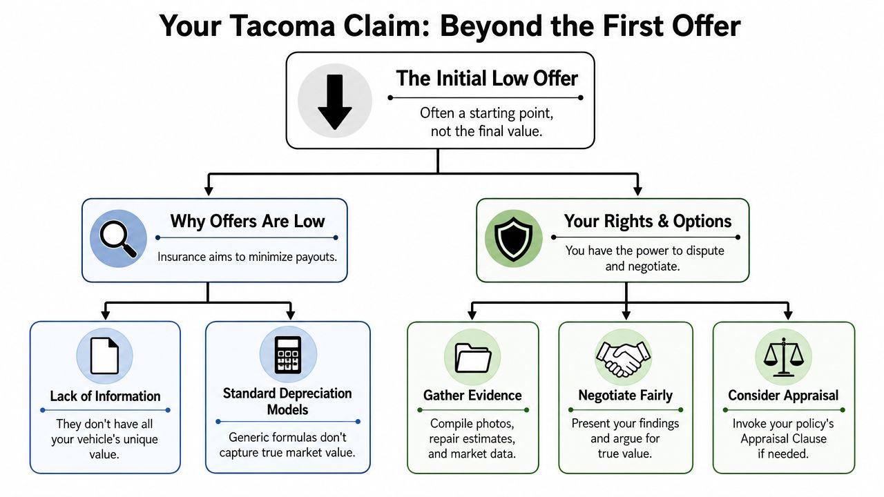 A flowchart outlining how to handle an initial low insurance offer for a Toyota Tacoma vehicle claim.