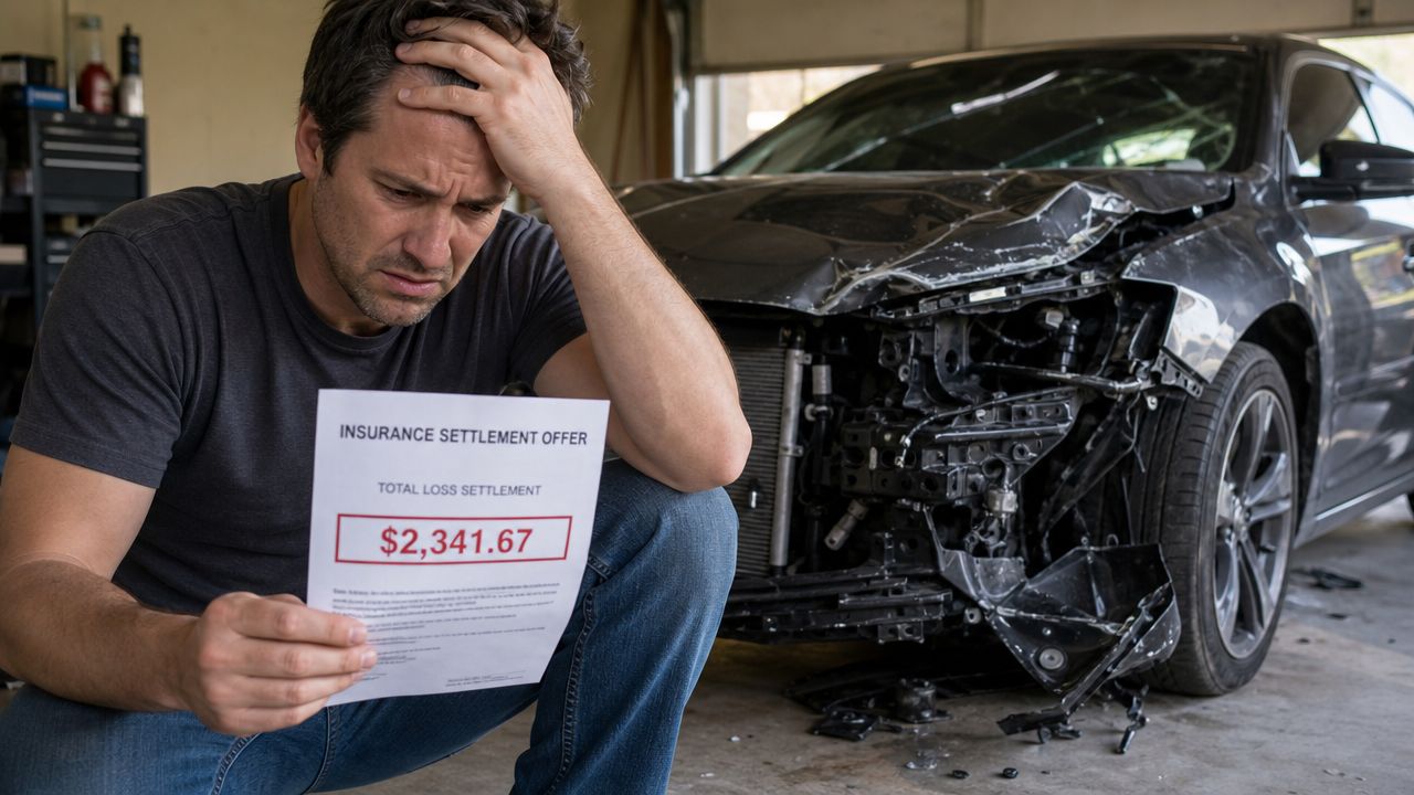 A distressed man sits in a garage holding an insurance settlement offer letter near his wrecked car.