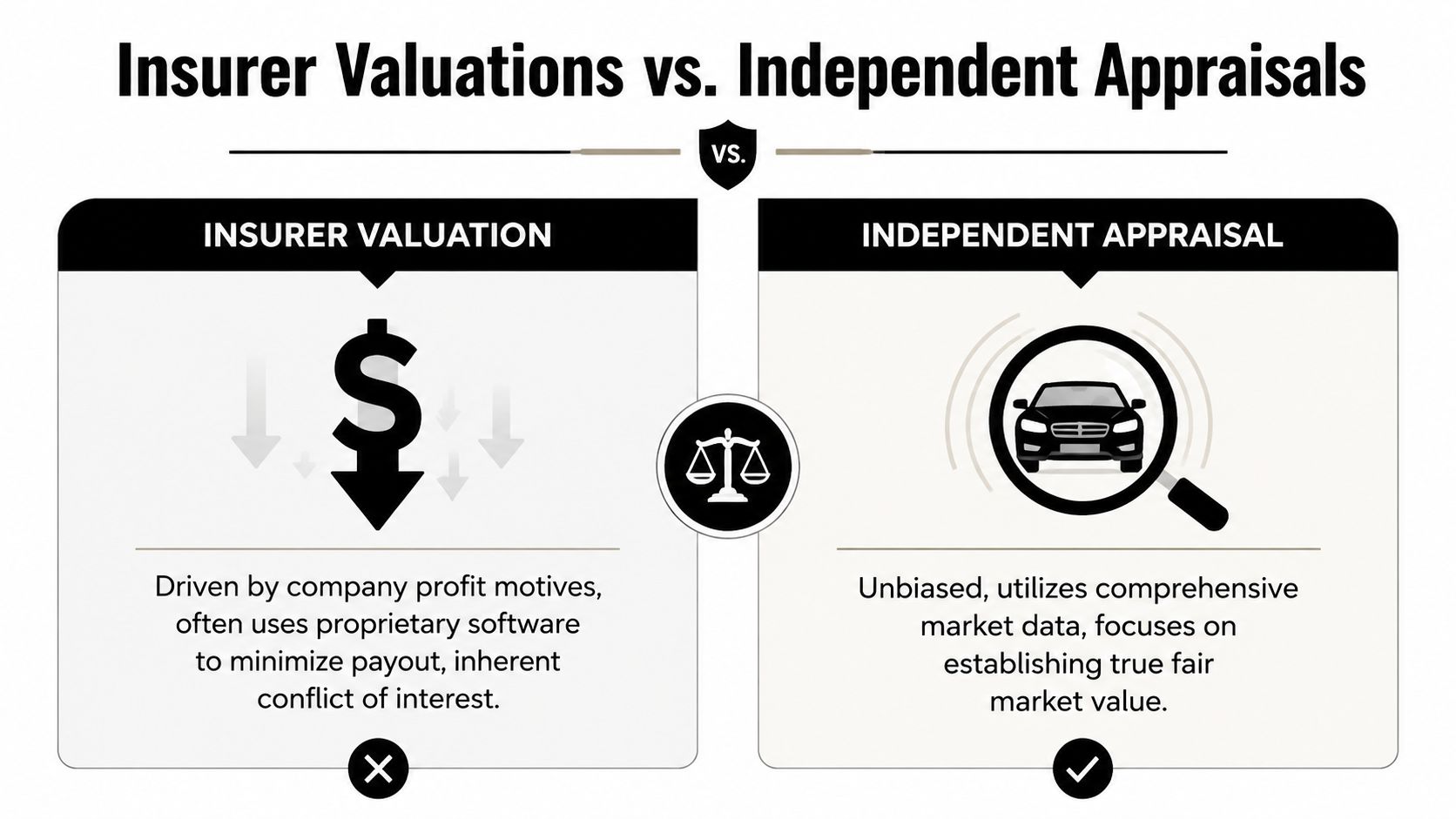 A comparison chart showing Insurer Valuation versus Independent Appraisal with icons representing conflicting motives and objective vehicle evaluation.