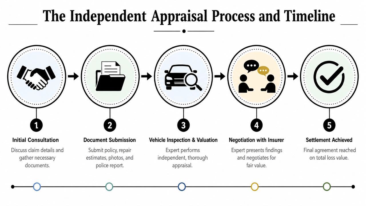 A flowchart showing the five steps of the independent vehicle appraisal process for total loss insurance claims.