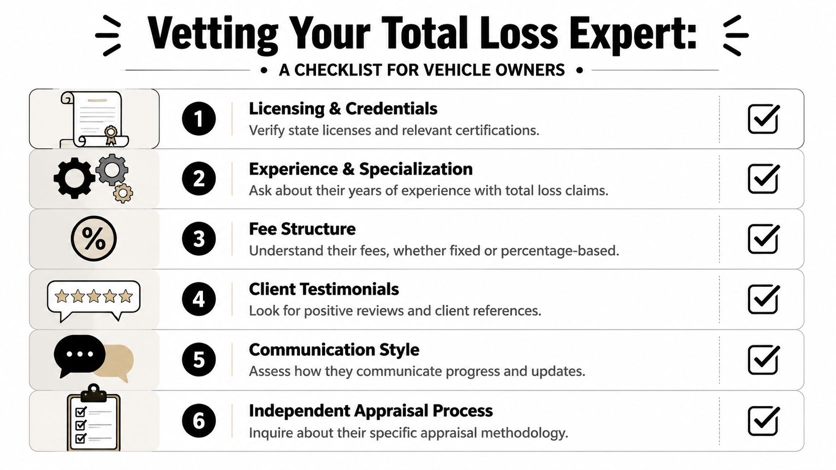 A checklist infographic titled Vetting Your Total Loss Expert for vehicle owners choosing an appraisal professional.