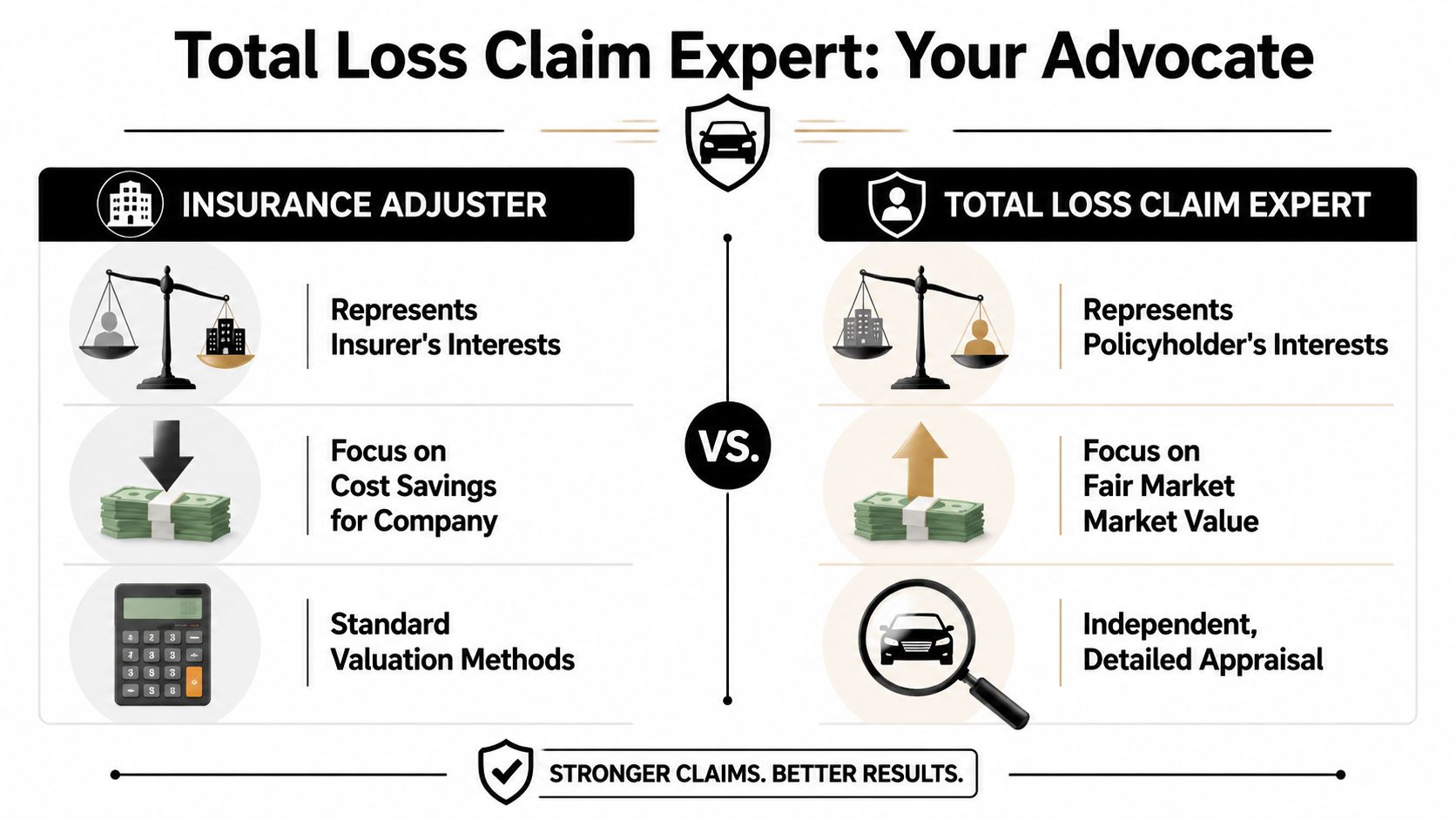 A comparison infographic between an insurance adjuster and a total loss claim expert for policyholders.