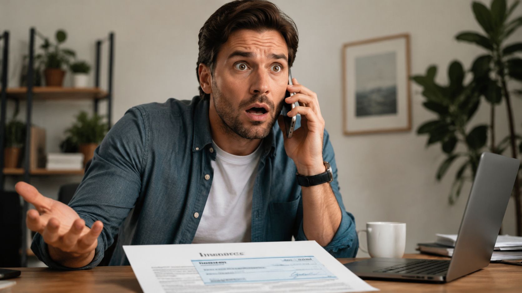 A shocked man sits at a desk talking on his phone while looking at an insurance document.