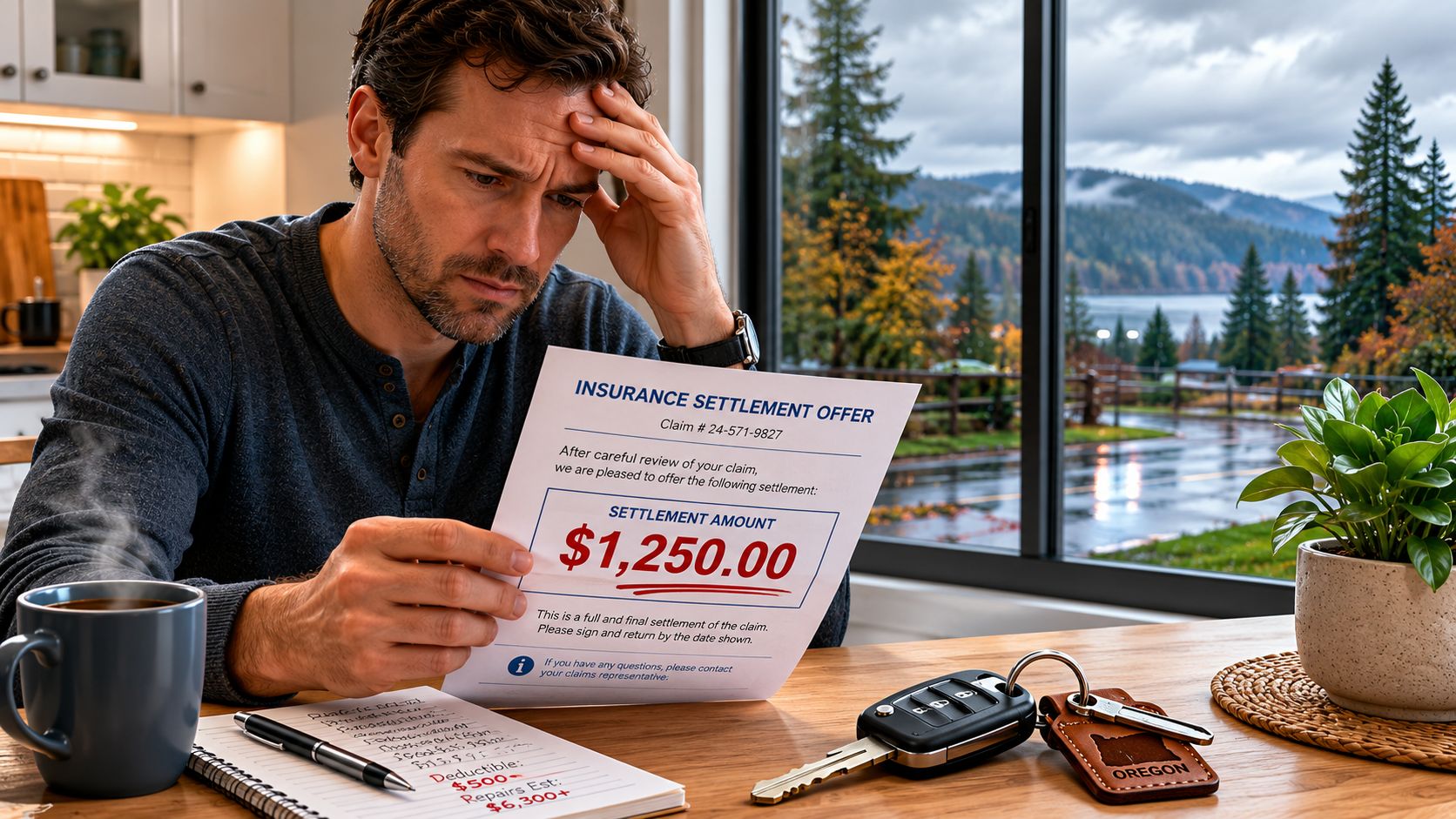 A stressed man reviews an insurance settlement offer for his damaged vehicle in his home.