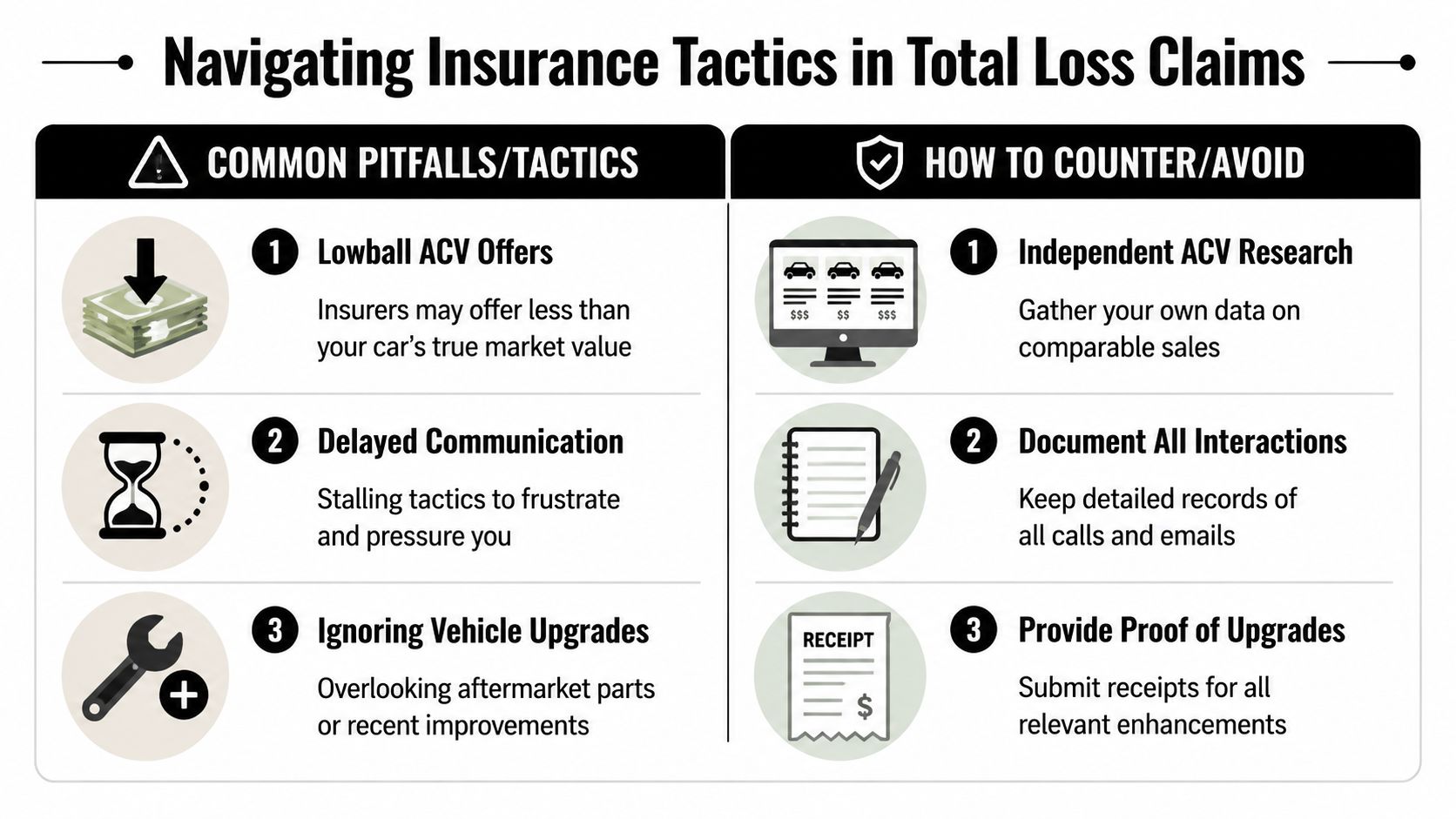 An infographic detailing common insurance company tactics in total loss claims and how to counter them.