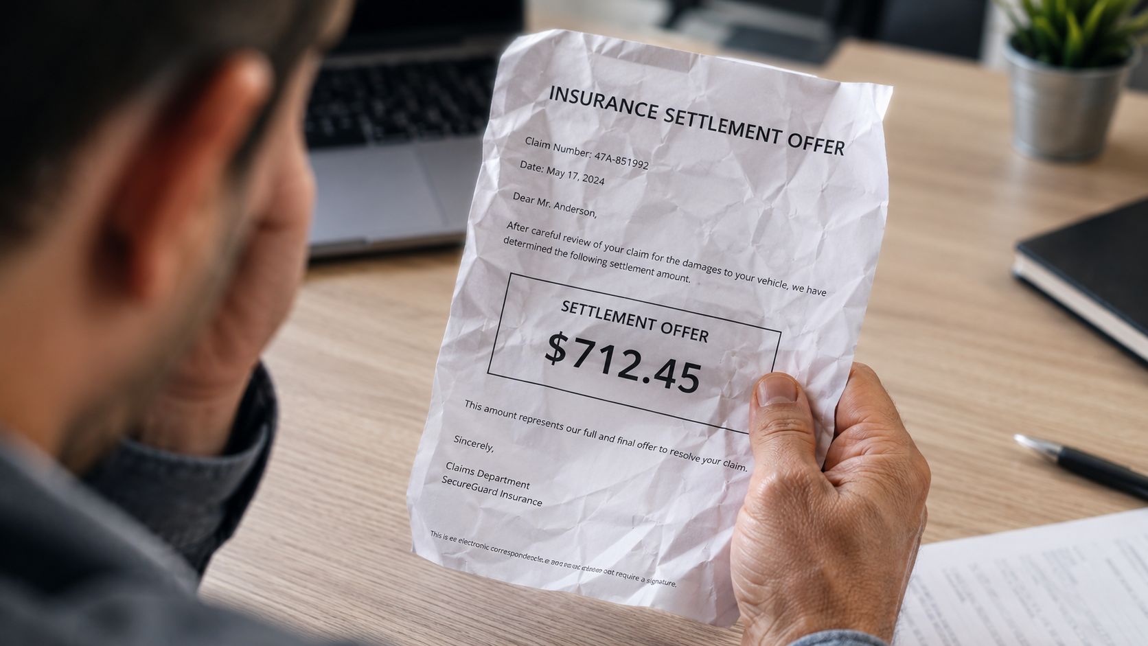 A man holding a crumpled insurance settlement offer letter for a vehicle claim in his office.