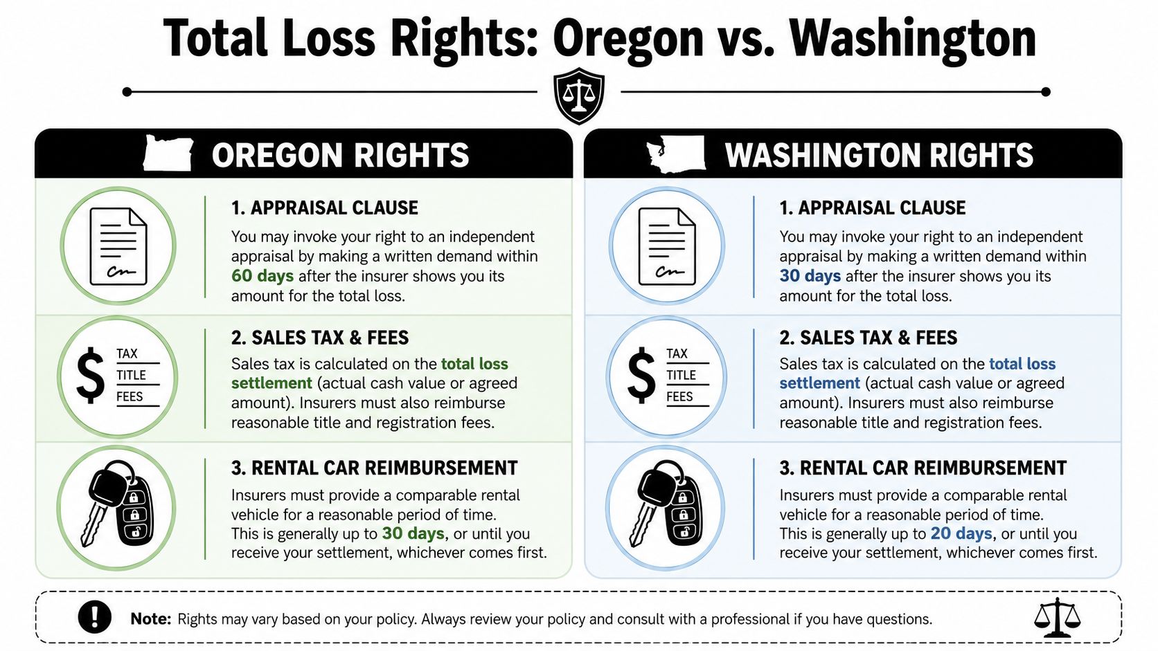 A comparison chart outlining vehicle total loss rights and settlement regulations in Oregon versus Washington state.