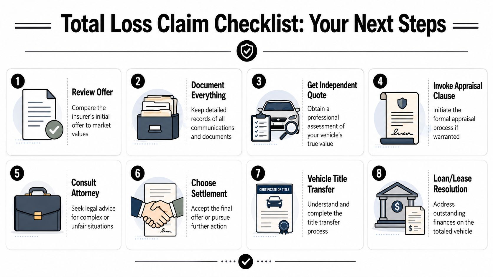 An eight-step checklist infographic titled Total Loss Claim Checklist outlining steps for handling a totaled car claim.