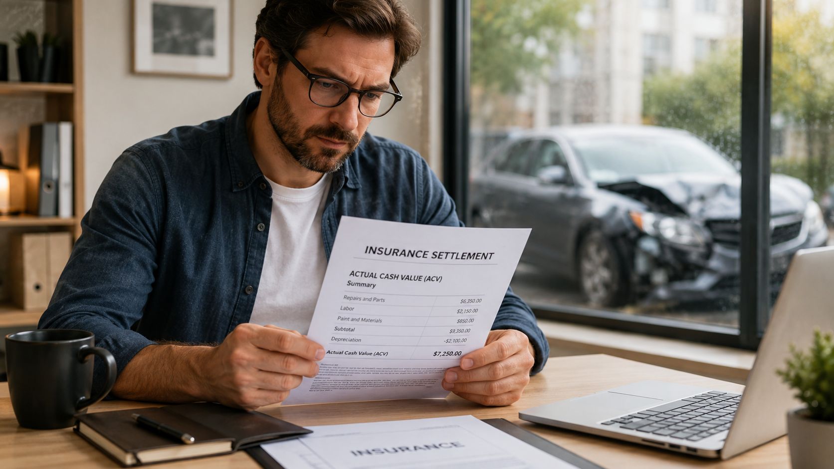 A concerned man reviewing insurance settlement documents for his damaged car at a desk in an office.