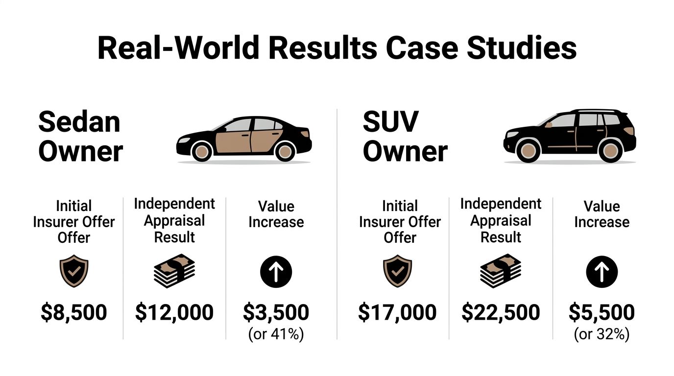 A case study infographic comparing insurance claim appraisal results for a sedan and an SUV owner.