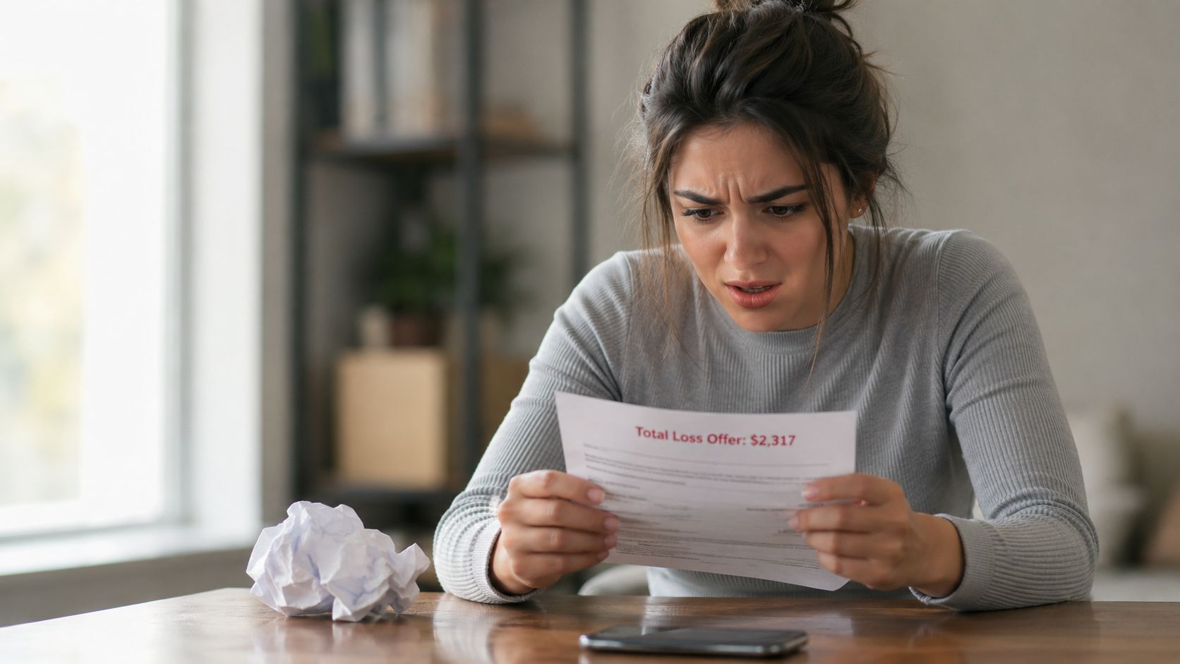 A distressed young woman looking at a document showing a low insurance settlement offer for her vehicle.