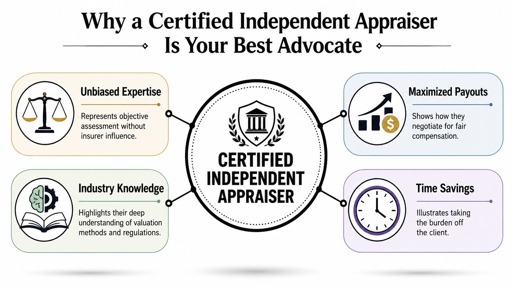 A diagram explaining why a certified independent appraiser is your best advocate during property valuation processes.