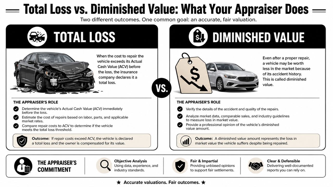 An infographic comparing total loss and diminished value concepts in the context of vehicle insurance appraisal.