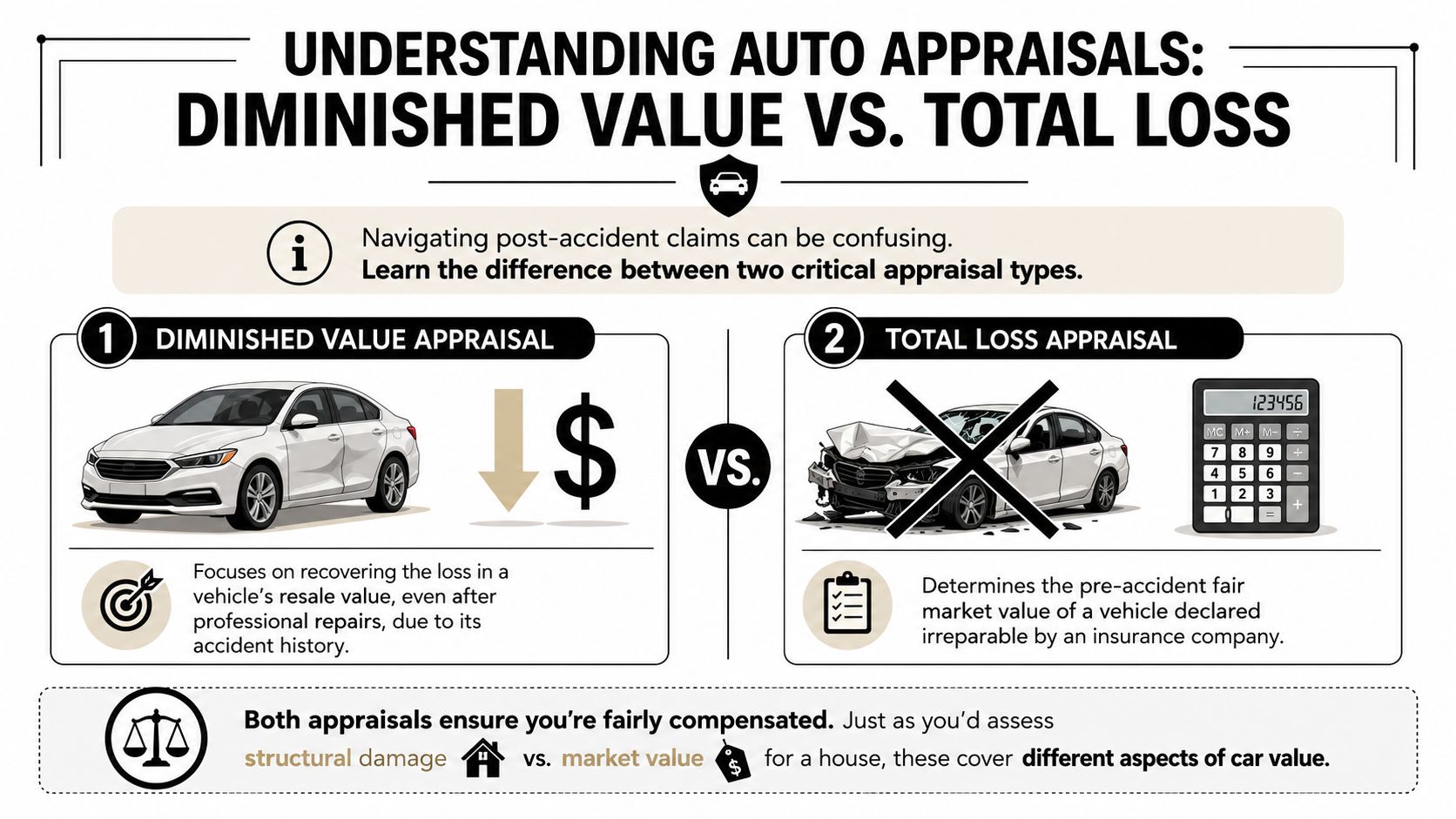 An infographic comparing diminished value and total loss auto insurance appraisals for damaged vehicles.