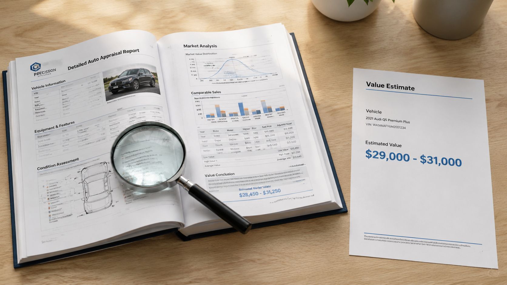 A detailed auto appraisal report on a desk featuring an Audi Q5 vehicle evaluation and value estimate.