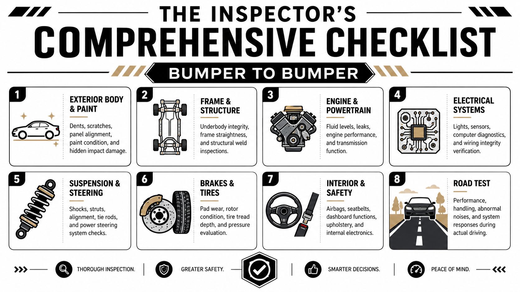 An infographic titled The Inspector's Comprehensive Checklist detailing eight essential areas for vehicle condition inspection and safety.