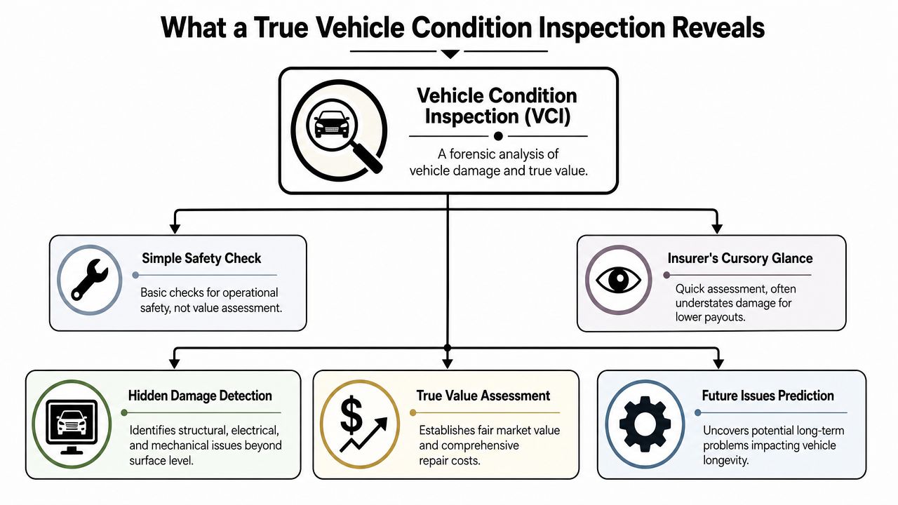 A diagram illustrating the comprehensive benefits and components of a true vehicle condition inspection compared to basic checks.