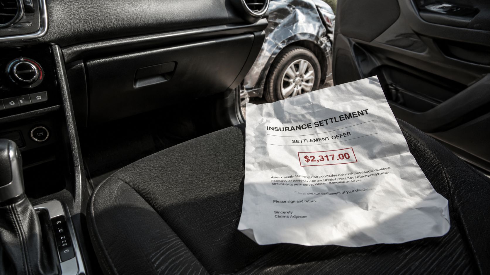 An insurance settlement offer letter for 2,317 dollars resting on the car seat after a vehicle accident.