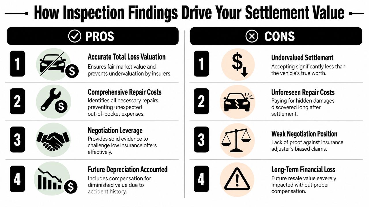 An infographic comparing the pros and cons of conducting a vehicle inspection on insurance settlement values.
