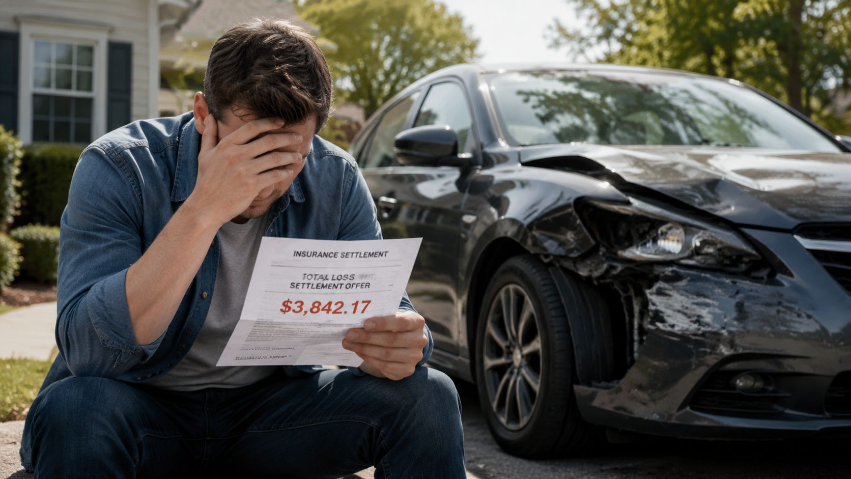 A distressed man holds an insurance settlement document in front of his damaged car after an accident.