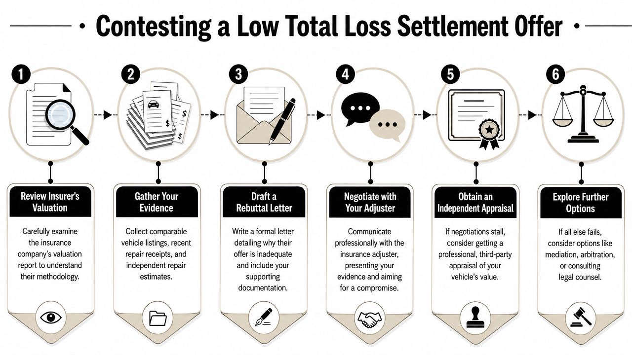 A six-step infographic detailing the process for contesting a low total loss insurance settlement offer.